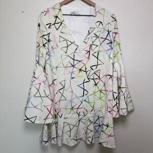 Alexis Women 100% SILK Mini Dress Large Abstract Bell Sleeve Shift Party Event